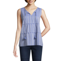 St. John&#39;s Bay Women&#39;s Dobby Tank Top Size Large Blue Texture Tie Front NEW - £16.10 GBP