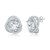 Sterling Silver 12mm Round CZ Rose Flower Design Earrings - £33.38 GBP