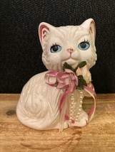 Vintage Trippies White Porcelain Kitten Blue Eyes with Bow 4.75&quot; - $9.41