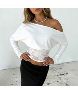 Womens Solid-Color Off-Shoulder Batwing Sleeve Lace-Patchwork Top - $14.87