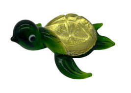 Vintage Unique Miniature Turtle Art Glass Tiny Figurine Trinket Green Gold - £11.19 GBP