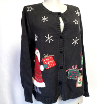 Talbots Petite Christmas Cardigan ugly Sweater Santa Applique womens sz S Black - £19.97 GBP