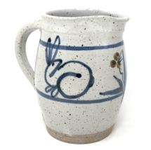 Vintage Hand Built Studio Art Pottery Pitcher Speckled Salt Glazed Cobalt Bunny - £21.92 GBP