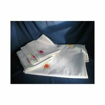 Vintage Hand Embroidered &amp; Applique Flowers White Tablecloth 8 matching napkins - £13.42 GBP