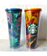 Starbucks Tumblers Blue Floral &amp; Orange Floral Venti Cold Cup 24 oz 2020... - £24.20 GBP