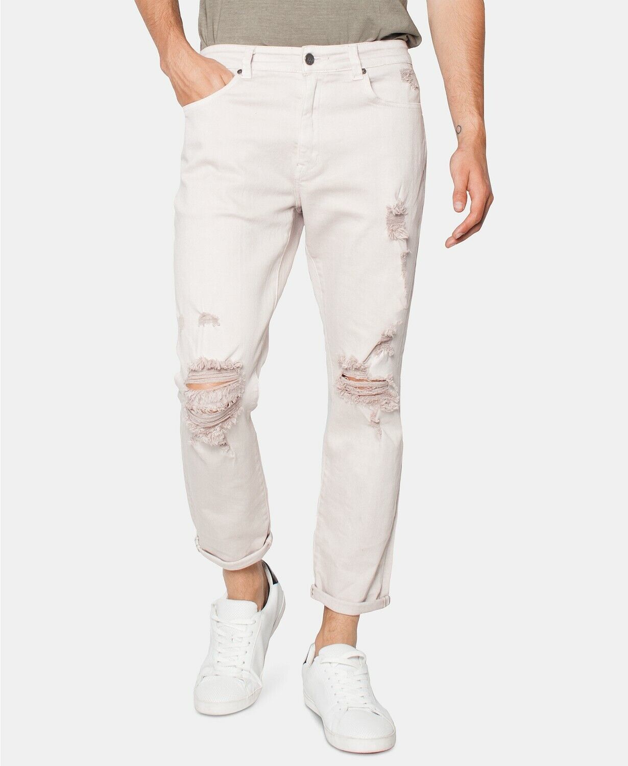 Zeegeewhy Mens Slim Tapered Crop Ripped Denim Cruiser Jeans - $9.50