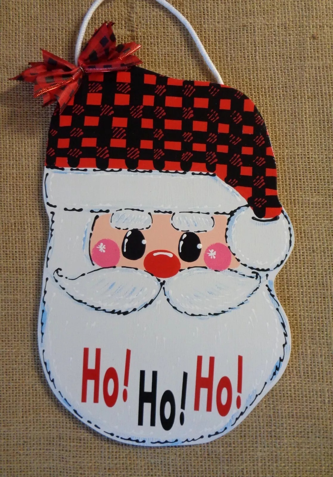 Ho Ho Ho Santa Claus Buffalo Plaid Sign Wall Art Door Hanging Plaque - $29.98