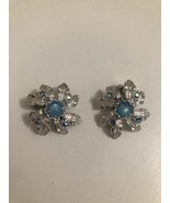 Vintage Judy Lee Silver Tone Blue Center Flower Clip On Earrings Signed - $17.81