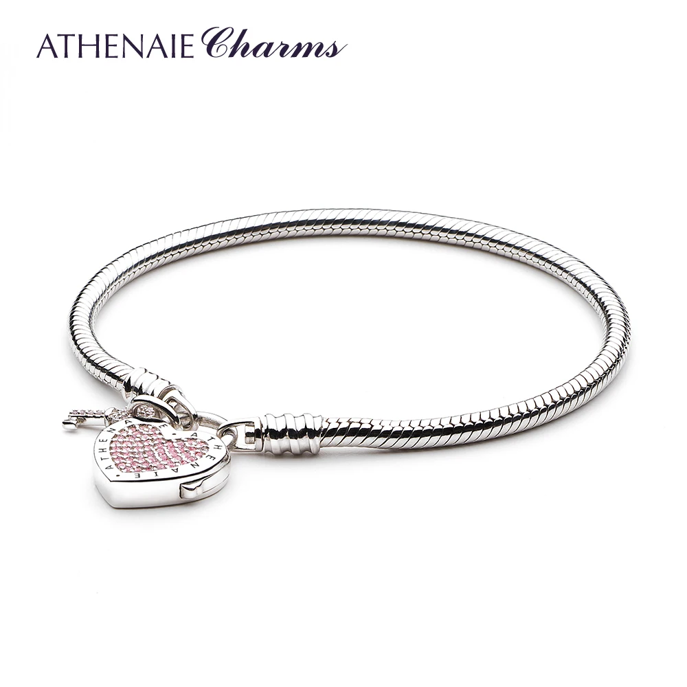 925 Sterling Silver Love Snake Chain Charms Bracelet &amp; Bangle with CZ Lock of He - £88.71 GBP