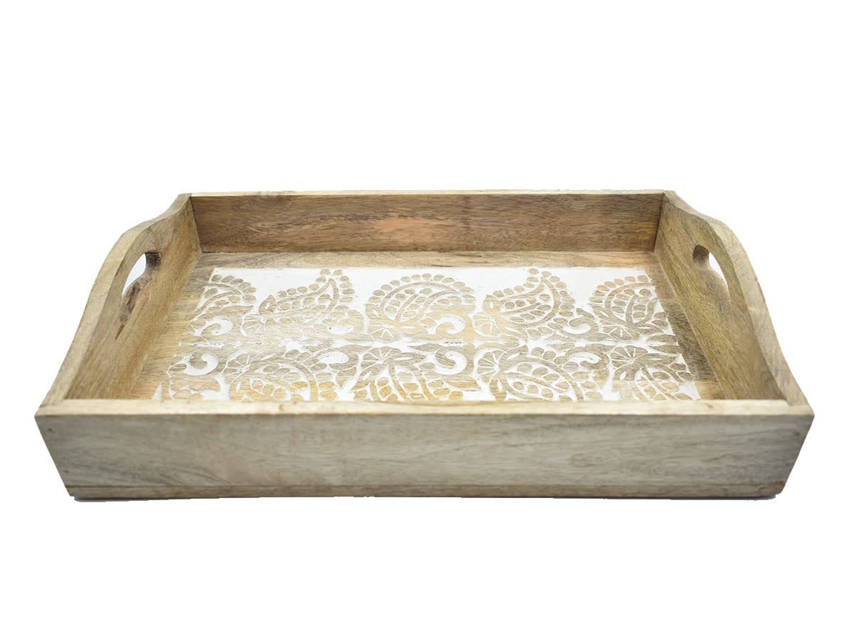 Hand Carved Wooden Breakfast Serving Tray with Handle for Breakfast Tea ... - $23.99