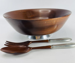 Vintage Mahogany Wood Footed Salad Bowl 11.5” w Serving Spoon Fork Marke... - £33.66 GBP