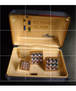 Anson Cuff Links and Tie Tack Stained Glass Square Gold Colored Metal Su... - $41.10 CAD