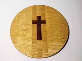Handmade Wood Turned Cross Trivet 9in Round Felt Bottom Vintage Signed Religious - £11.56 GBP