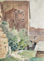 1890s French watercolor on paper. Castle and antique walls in France.  - £63.53 GBP