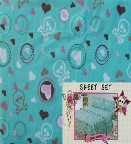 Primary image for PINK COOKIE SKULL HEARTS TURQUOISE FULL 4PC SHEETS BEDDING SET NEW