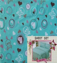 PINK COOKIE SKULL HEARTS TURQUOISE FULL 4PC SHEETS BEDDING SET NEW - $43.06