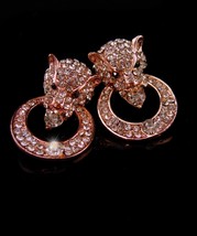 Panther Earrings - rose gold plate leopard head - rhinestone Panthers - ... - £66.69 GBP