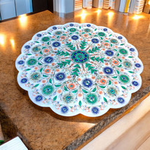 18&quot; White Marble Round Serving Plate Multi Inlay Floral Arts Kitchen Decor - $3,168.00