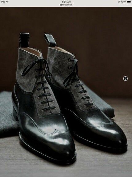 Men's High Ankle Two Tone Gray Suede Black Genuine Leather Lace Up Boots US 7-16