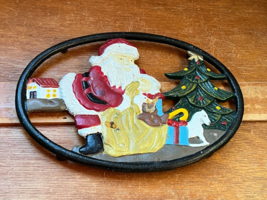 Vintage Reproduction Painted Black Metal Santa Claus w Toy Boy Next to Christmas - £10.30 GBP
