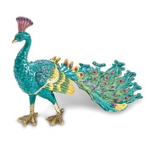 Bejeweled Gold Tone Enameled Blue Peacock Trinket Box - $120.99