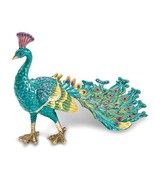 Bejeweled Gold Tone Enameled Blue Peacock Trinket Box - $120.99