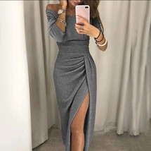 Womens Glitter Dress S Gray Sparkle Off Shoulder Slit Sheer Midi Sexy St... - £12.50 GBP