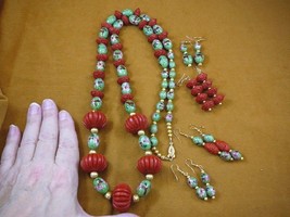 V-281) big Red Cinnabar green Cloisonne gold 41&quot; Necklace + 4 pairs earrings set - £242.85 GBP