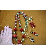 V-281) big Red Cinnabar green Cloisonne gold 41&quot; Necklace + 4 pairs earr... - $424.44 CAD