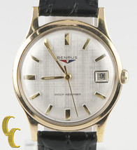 Benrus Gold-Plated Shock Absorber Watch w/ Date Leather Band Gift for Him - £479.63 GBP