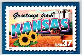 Greetings From Kansas Large Letter Chrome Postcard USPS 2001 Sunflowers Farmland - £6.35 GBP