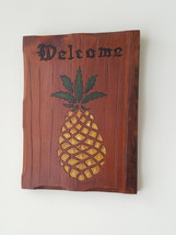 Vintage Wood Folk Art Hand Carved Painted Signed WELCOME Sign with Pineapple - £15.74 GBP