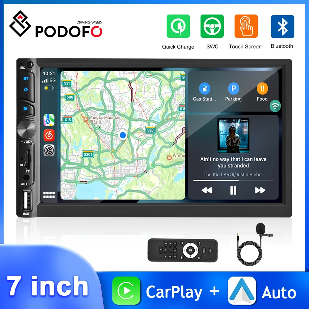 Podofo 7&#39;&#39; 2Din Car Stereo Wireless Carplay Android Auto MP5 Multimedia Player - £74.32 GBP+