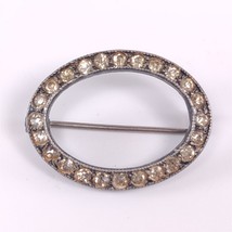 Vintage Pin Brooch Rhinestone Oval Silver Plate Metal Women&#39;s Estate Jewelry - £11.73 GBP