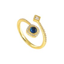 18k Yellow Gold Plated Round Blue Cabochon CZ Rhombus Shape Open Adjustable Ring - £57.54 GBP