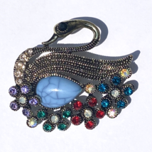 Swan Antique Silver Tone Brooch Pin Costume Jewelry with Multicolored Stones - £11.75 GBP