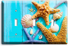 Rustic Turquoise Wood Nautical Sea Shell Starfish 3 Gang Light Switch Wall Plate - £14.11 GBP