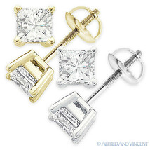 3.00ct Square Princess Cut Moissanite 14k Gold Stud Earrings Charles and Colvard - £729.20 GBP