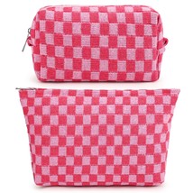 2 Pieces Makeup Bag Large Checkered Cosmetic Bag Pink Capacity Canvas Travel Toi - £19.12 GBP