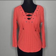 Large  Free People &#39;Ice Cold Lace Up&#39; Grommet Ribbed Top Rose Crimson   $78 - £15.97 GBP