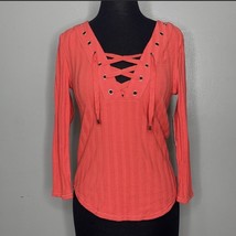 Large  Free People &#39;Ice Cold Lace Up&#39; Grommet Ribbed Top Rose Crimson   $78 - $19.99