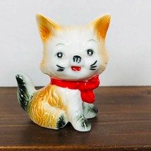 Vintage 3 inch Ceramic Kitty Cat Figurine with Red Bow Gold and White Kitten - £8.70 GBP