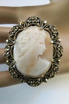 Weiss Cameo Brooch Hand Carved Open Work Frame Golden Marcasite Gold Plated NICE - £34.35 GBP