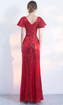 RED Sequin Maxi Dress Gown Women Custom Plus Size Cap Sleeve Party Dress image 5