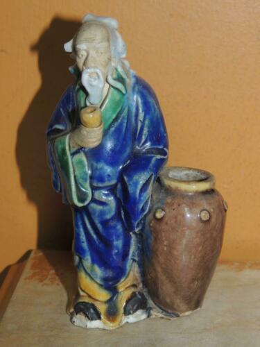 Chinese Mud Man 4.5&quot;+ blue yellow robe w wine jar cup Mudman Men Antique... - $49.49