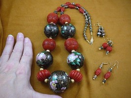 V-283 Black Cloisonne red Cinnabar bead gold 32&quot; Necklace + 3 pairs earrings set - £322.12 GBP