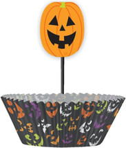 Pumpkin Print Jack O&#39;Lantern Cupcake Kit 24 Baking Liners Picks - $3.95
