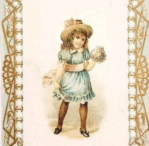 C1890s Victorian Trade Card Girl Gold Baby Blue Flowers Ephemera Embossed E83A - £15.46 GBP