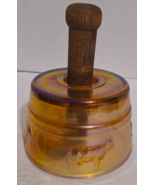 Antique Carnival Glass Butter Mold Press Wood Handle Iridescent Amber Co... - £152.11 GBP