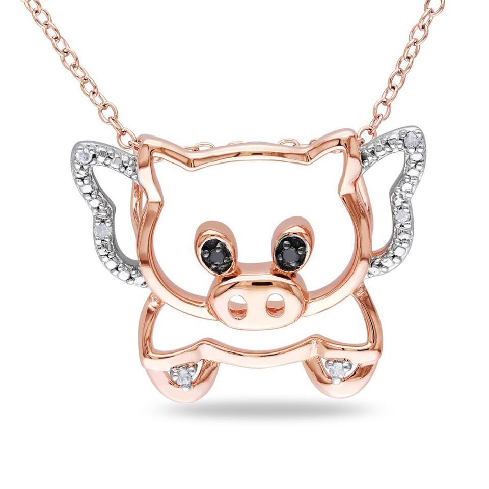 Primary image for 0.02Ct Round Natural Diamond Flying Pig Pendant Necklace 14K Rose Gold Plated